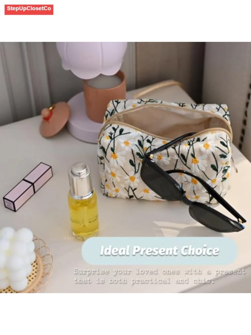 Floral Daisy Cosmetic Bag Large Capacity Toiletry Pouch Zipper Travel Makeup
